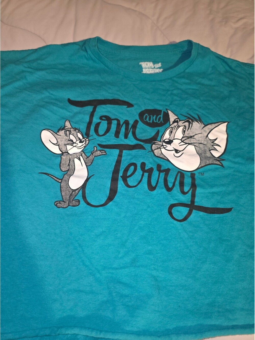Tom and Jerry Size Large Turquoise Long Sleeve T-Shirt Crew Neck Cropped 2XL